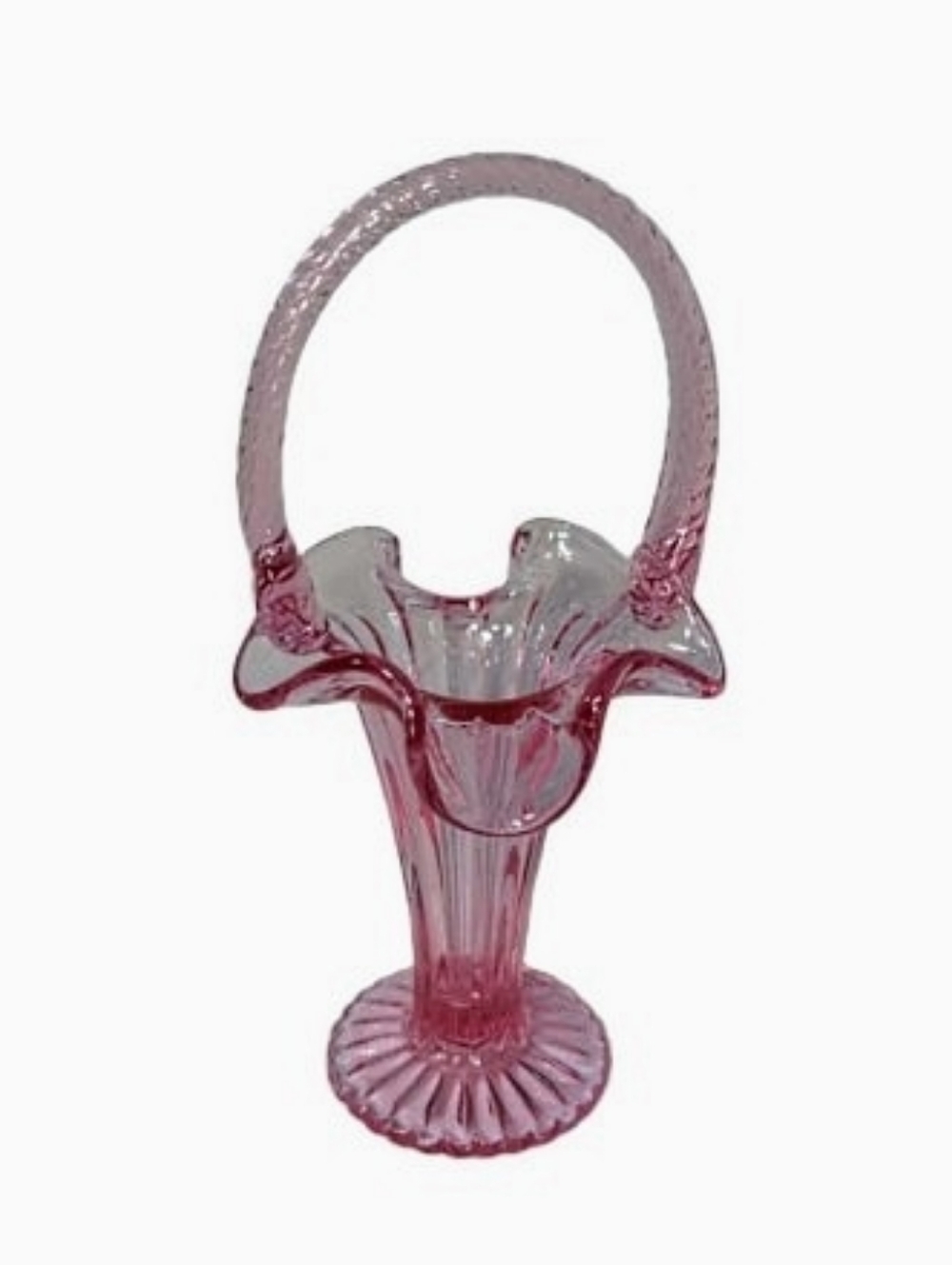 Vintage Fenton Pink Glass Ruffled Basket - Twisted Handle - Mid Century
